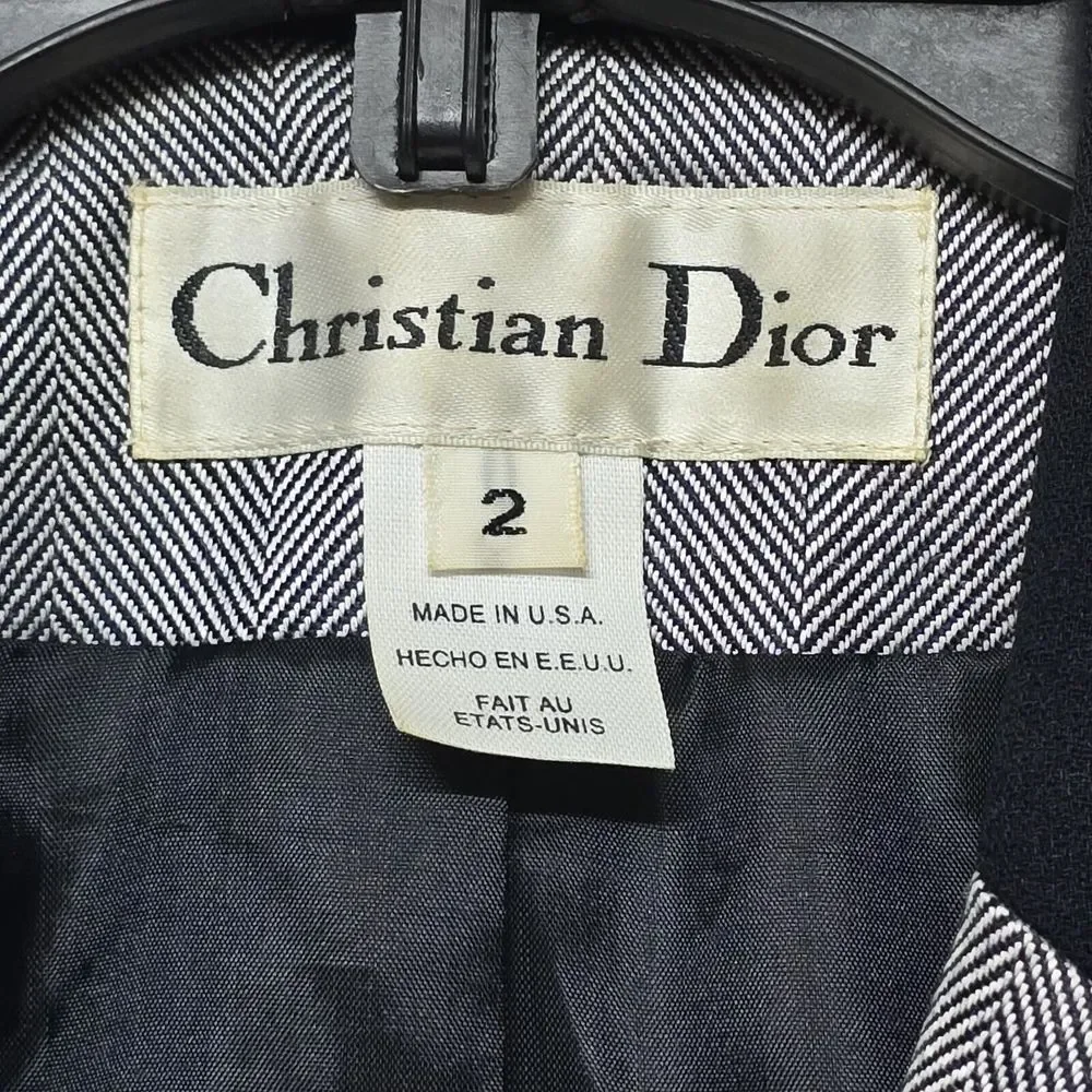 Christian Dior Womens Navy Blue Herringbone Blazer Sz 2 Elegant Academia Office‎